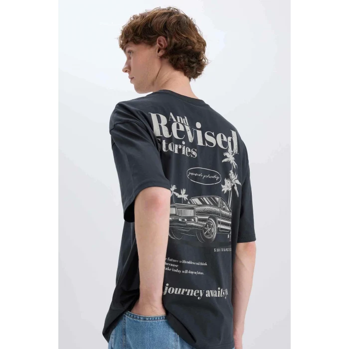 Defacto E3799 Antrasit %100 Pamuk Oversize Geniş Kalıp Bisiklet Yaka Sırt Baskılı Kısa Kollu Tişört