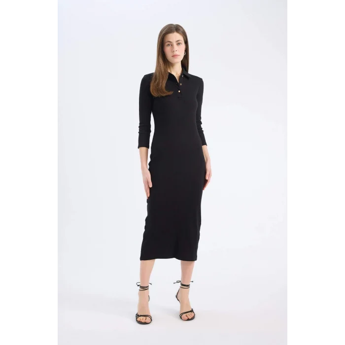 Defacto E2245 Siyah Bodycon Vücudu Saran Polo Yaka Basic Düz Fitilli Kaşkorse Yarım Kollu Midi Elbise