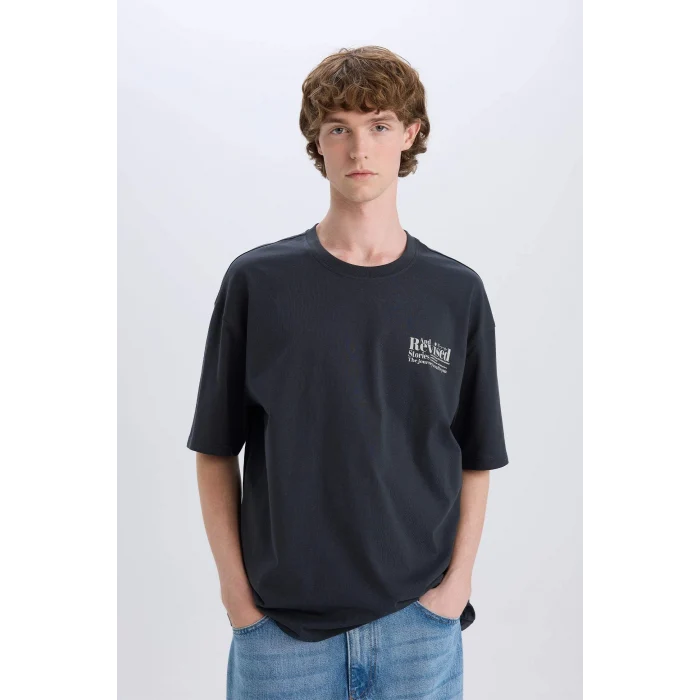 Defacto E3799 Antrasit %100 Pamuk Oversize Geniş Kalıp Bisiklet Yaka Sırt Baskılı Kısa Kollu Tişört