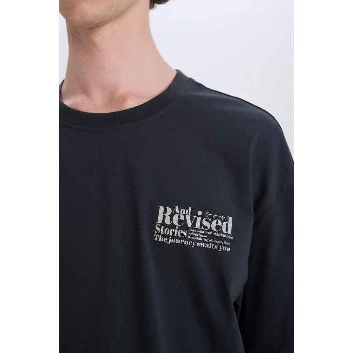 Defacto E3799 Antrasit %100 Pamuk Oversize Geniş Kalıp Bisiklet Yaka Sırt Baskılı Kısa Kollu Tişört