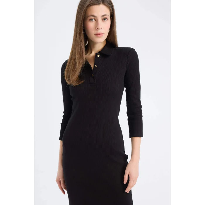 Defacto E2245 Siyah Bodycon Vücudu Saran Polo Yaka Basic Düz Fitilli Kaşkorse Yarım Kollu Midi Elbise