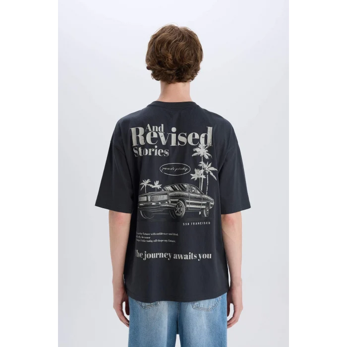 Defacto E3799 Antrasit %100 Pamuk Oversize Geniş Kalıp Bisiklet Yaka Sırt Baskılı Kısa Kollu Tişört