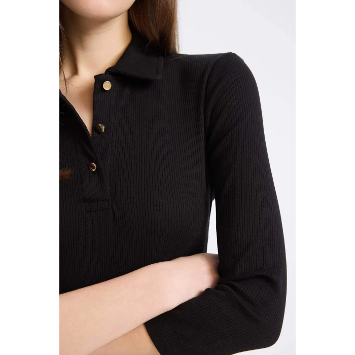 Defacto E2245 Siyah Bodycon Vücudu Saran Polo Yaka Basic Düz Fitilli Kaşkorse Yarım Kollu Midi Elbise