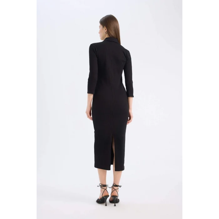 Defacto E2245 Siyah Bodycon Vücudu Saran Polo Yaka Basic Düz Fitilli Kaşkorse Yarım Kollu Midi Elbise