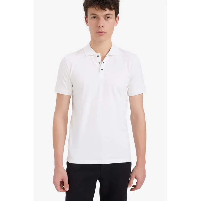 Defacto T5259 Beyaz Slim Fit Dar Kesim Kısa Kollu Dokulu Basic Düz Polo Tişört