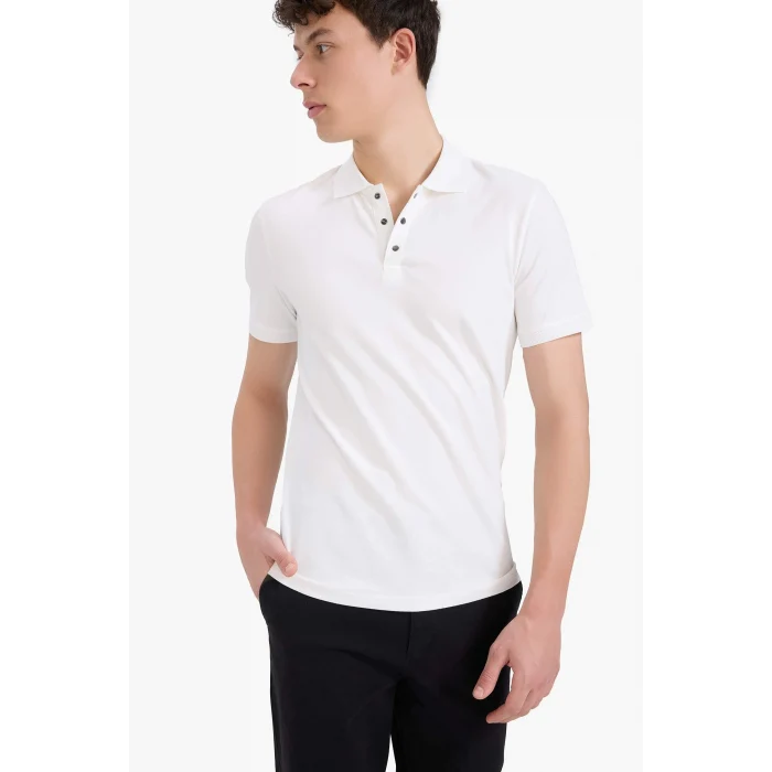 Defacto T5259 Beyaz Slim Fit Dar Kesim Kısa Kollu Dokulu Basic Düz Polo Tişört