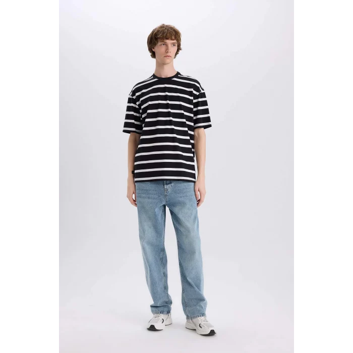 Defacto E1160 Siyah %100 Pamuk Boxy Fit Bisiklet Yaka Çizgili Kısa Kollu Tişört