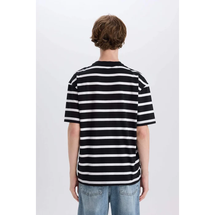 Defacto E1160 Siyah %100 Pamuk Boxy Fit Bisiklet Yaka Çizgili Kısa Kollu Tişört