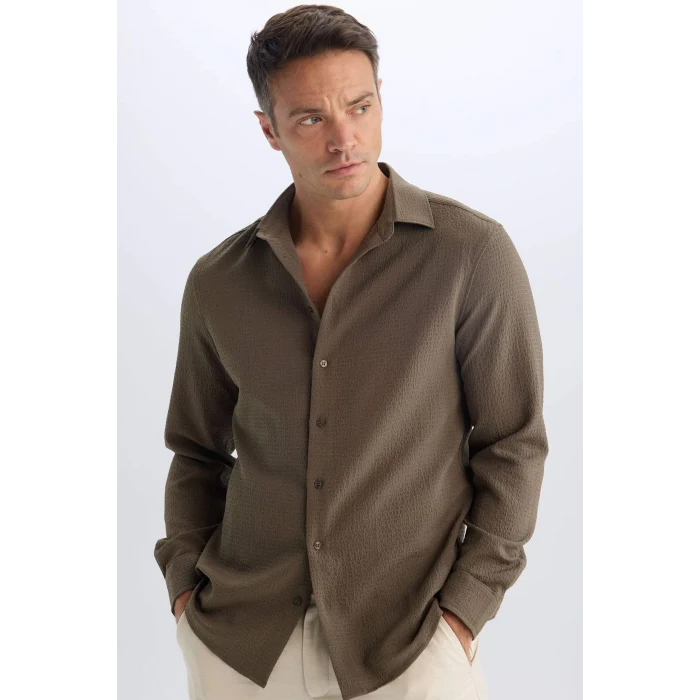 Defacto D7246 Haki Modern Fit Polo Yaka Dokuma Uzun Kollu Gömlek