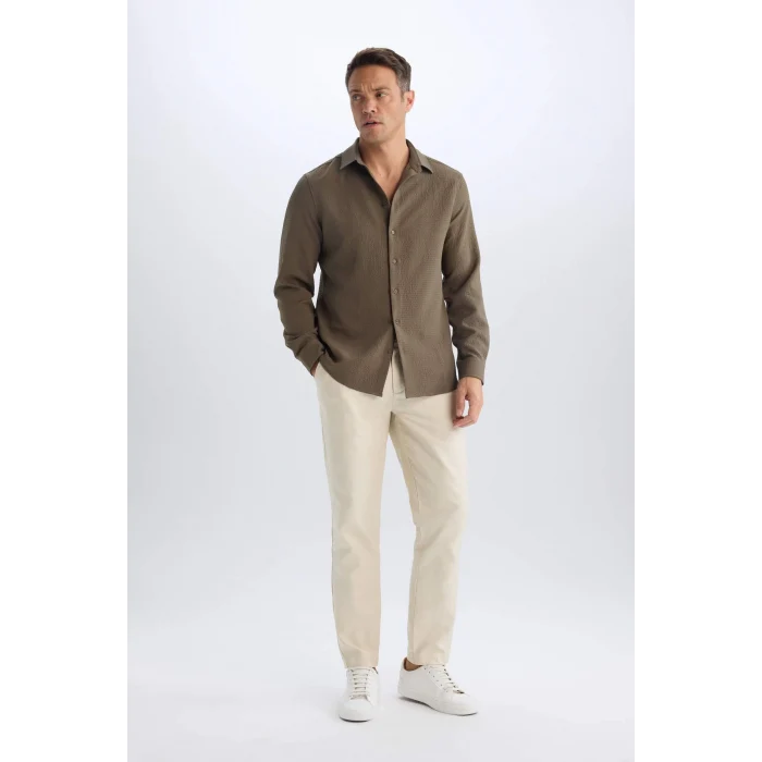 Defacto D7246 Haki Modern Fit Polo Yaka Dokuma Uzun Kollu Gömlek