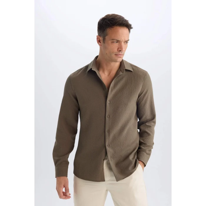 Defacto D7246 Haki Modern Fit Polo Yaka Dokuma Uzun Kollu Gömlek