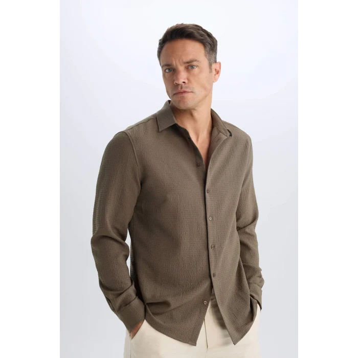 Defacto D7246 Haki Modern Fit Polo Yaka Dokuma Uzun Kollu Gömlek