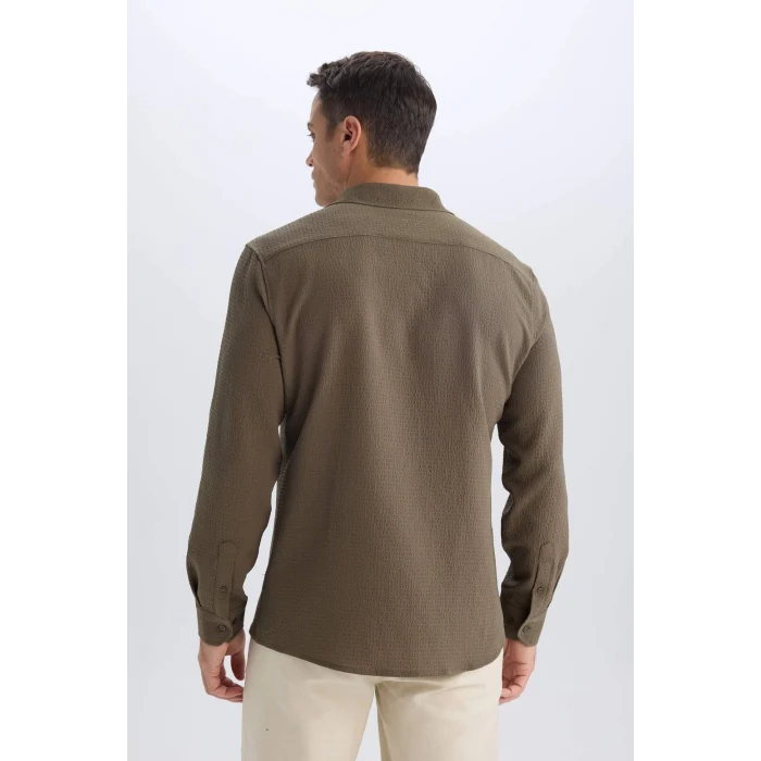 Defacto D7246 Haki Modern Fit Polo Yaka Dokuma Uzun Kollu Gömlek