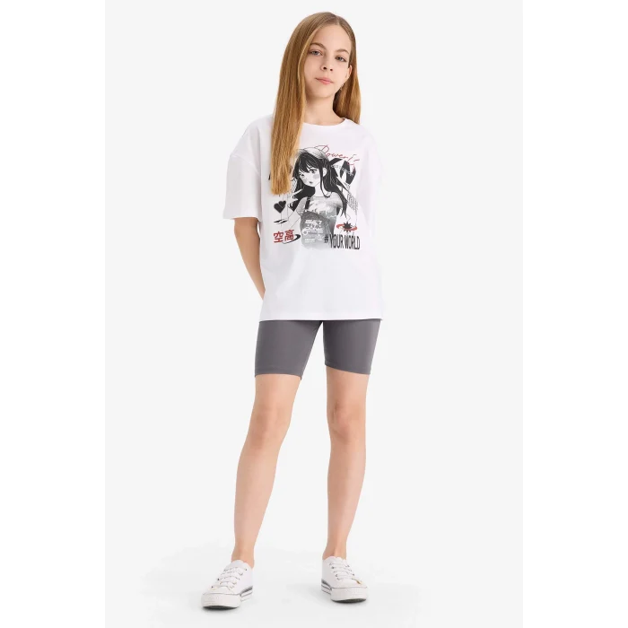 Defacto E5694 Antrasit Kız Çocuk 2li Takım Baskılı Kısa Kollu Tişört Biker Tayt