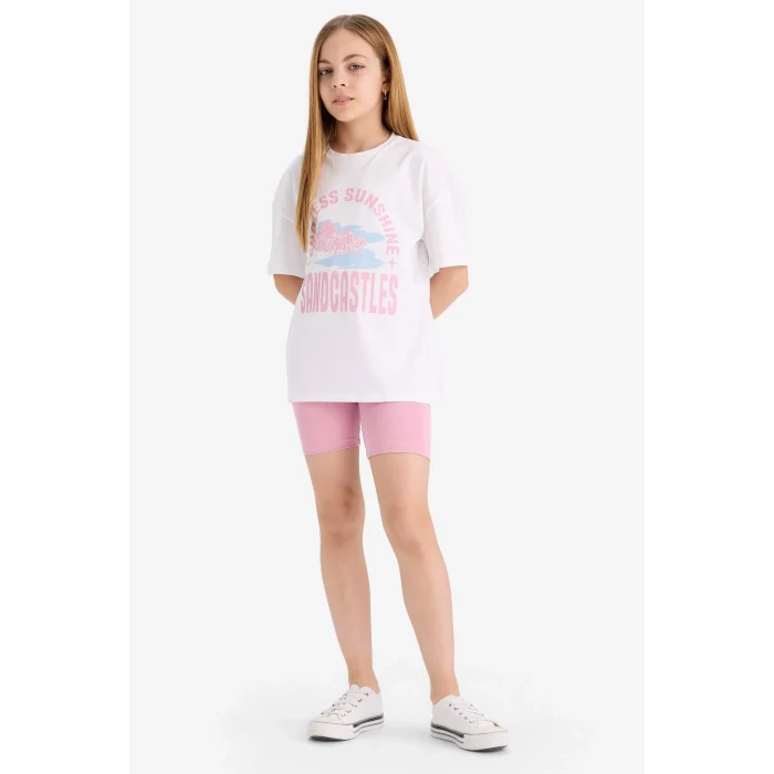 Defacto E5694 Pembe Kız Çocuk 2li Takım Baskılı Kısa Kollu Tişört Biker Tayt