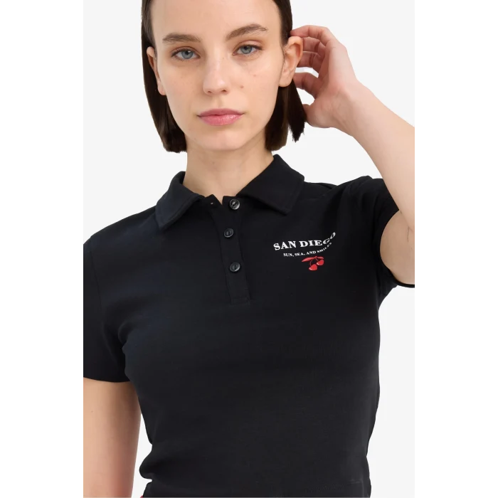 Defacto D1095 Siyah Coool Fitted Polo Yaka Baskılı Ribana Kısa Kollu Siyah Tişört