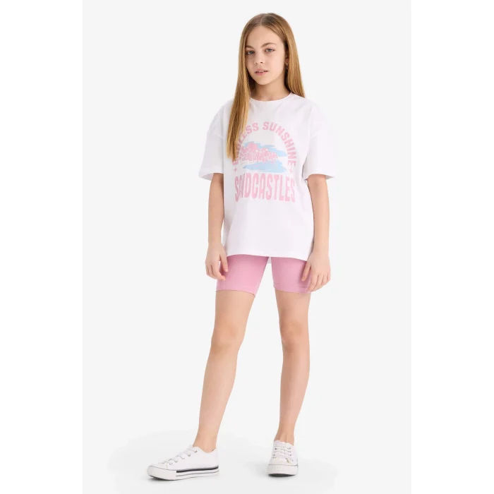 Defacto E5694 Pembe Kız Çocuk 2li Takım Baskılı Kısa Kollu Tişört Biker Tayt