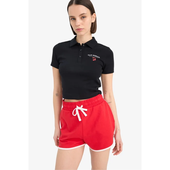 Defacto D1095 Siyah Coool Fitted Polo Yaka Baskılı Ribana Kısa Kollu Siyah Tişört