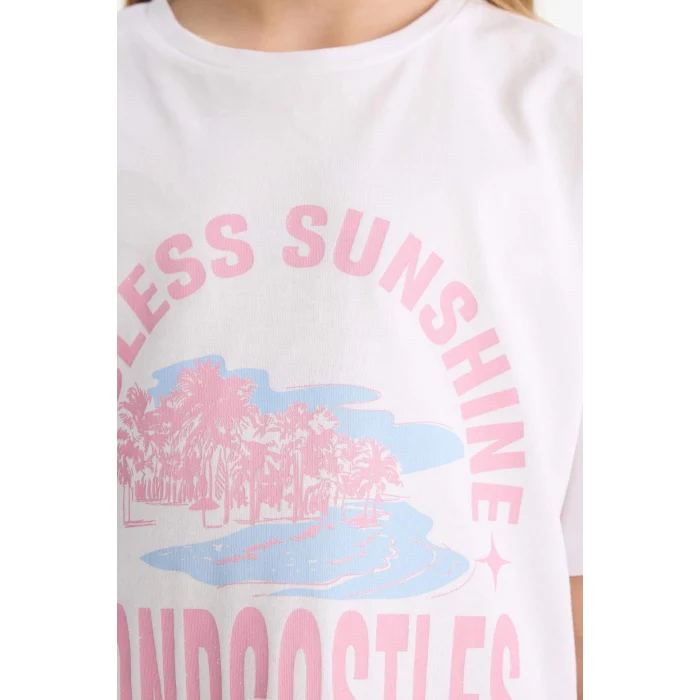 Defacto E5694 Pembe Kız Çocuk 2li Takım Baskılı Kısa Kollu Tişört Biker Tayt