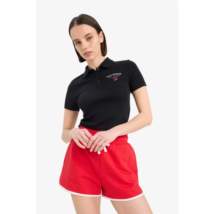 Defacto D1095 Siyah Coool Fitted Polo Yaka Baskılı Ribana Kısa Kollu Siyah Tişört