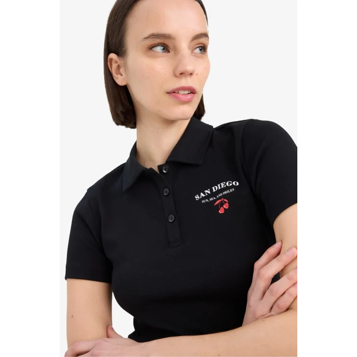 Defacto D1095 Siyah Coool Fitted Polo Yaka Baskılı Ribana Kısa Kollu Siyah Tişört