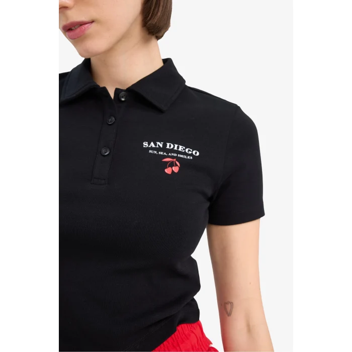 Defacto D1095 Siyah Coool Fitted Polo Yaka Baskılı Ribana Kısa Kollu Siyah Tişört