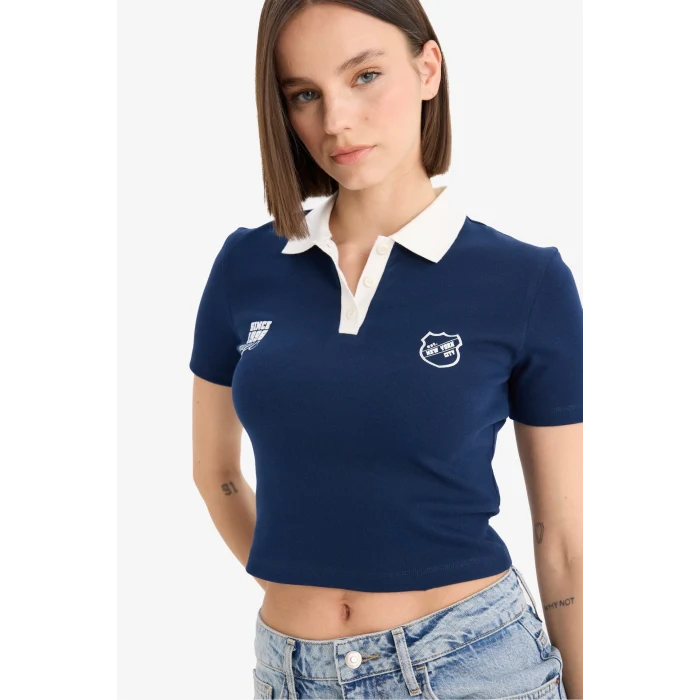 Defacto E7838 Lacivert Coool Fitted Polo Yaka Baskılı Ribana Kısa Kollu Tişört