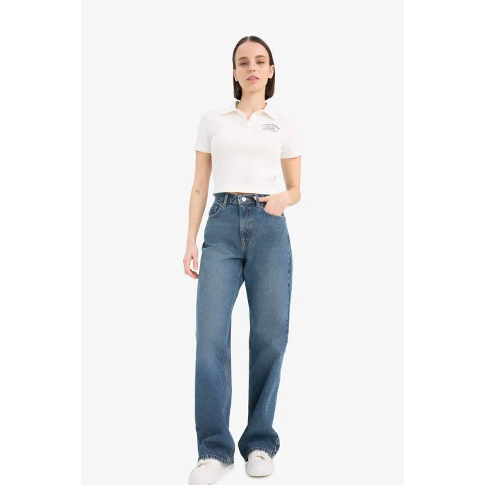 Defacto D1095 Beyaz Coool Fitted Baskılı Ribana Kısa Kollu Polo Beyaz Tişört