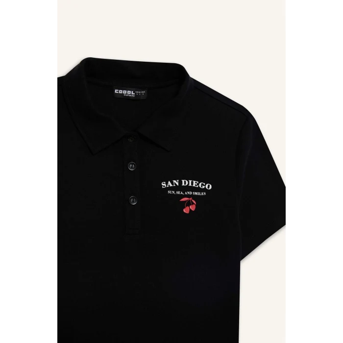 Defacto D1095 Siyah Coool Fitted Polo Yaka Baskılı Ribana Kısa Kollu Siyah Tişört