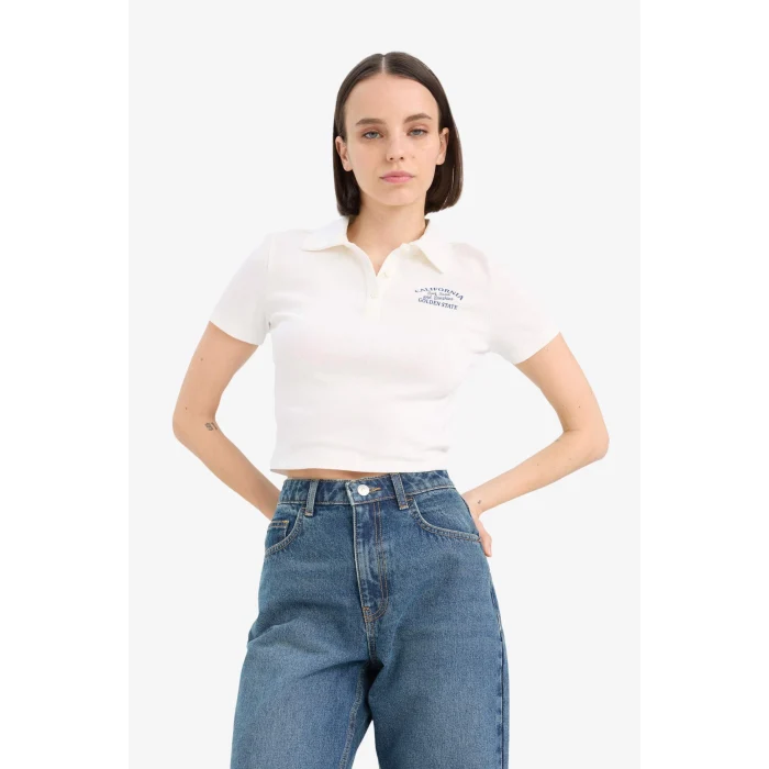 Defacto D1095 Beyaz Coool Fitted Baskılı Ribana Kısa Kollu Polo Beyaz Tişört