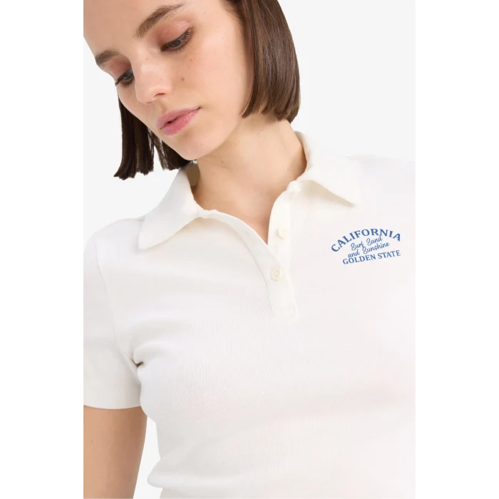 Defacto D1095 Beyaz Coool Fitted Baskılı Ribana Kısa Kollu Polo Beyaz Tişört