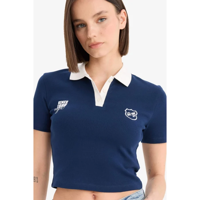 Defacto E7838 Lacivert Coool Fitted Polo Yaka Baskılı Ribana Kısa Kollu Tişört