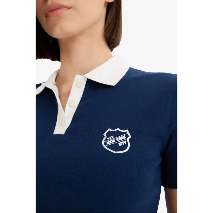 Defacto E7838 Lacivert Coool Fitted Polo Yaka Baskılı Ribana Kısa Kollu Tişört