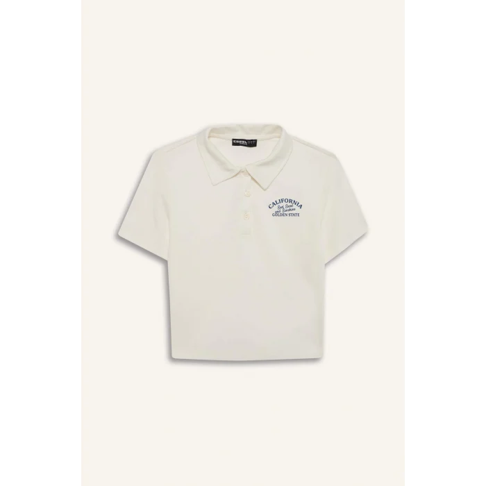 Defacto D1095 Beyaz Coool Fitted Baskılı Ribana Kısa Kollu Polo Beyaz Tişört