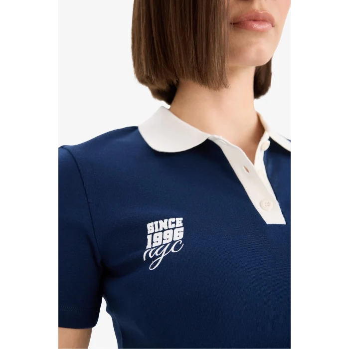 Defacto E7838 Lacivert Coool Fitted Polo Yaka Baskılı Ribana Kısa Kollu Tişört