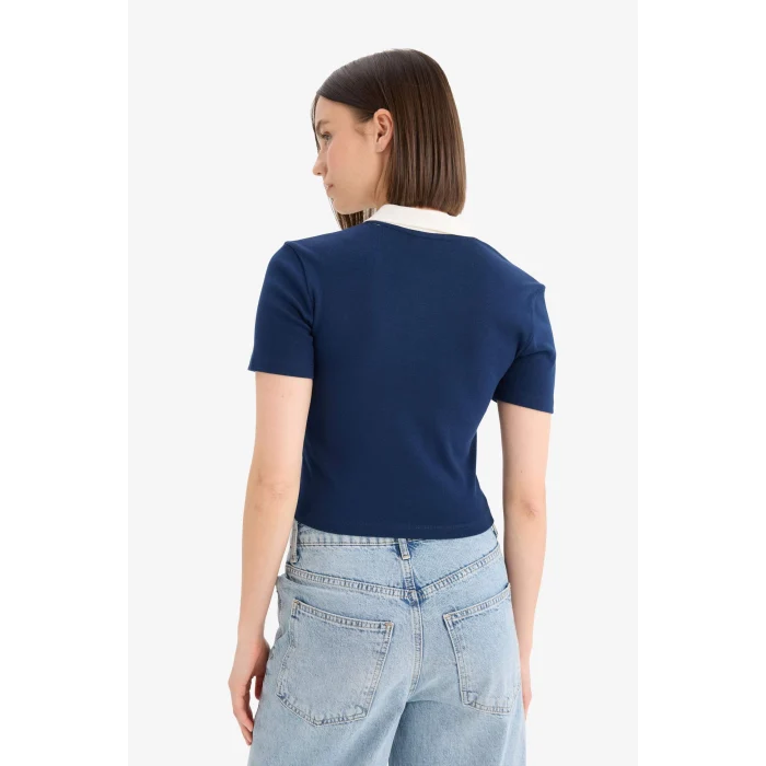 Defacto E7838 Lacivert Coool Fitted Polo Yaka Baskılı Ribana Kısa Kollu Tişört