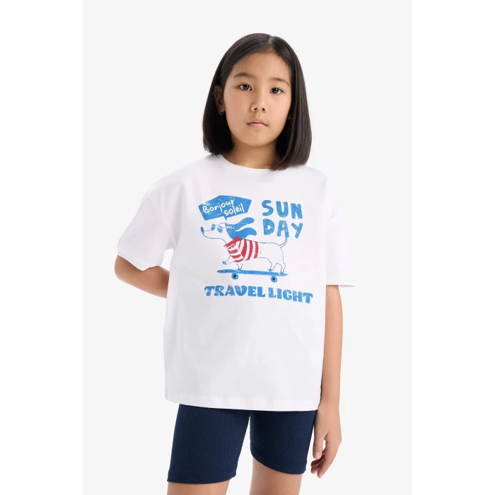 Defacto E7316 Ekru Kız Çocuk Pamuklu 2li Takım Baskılı Kısa Kollu Tişört Biker Tayt