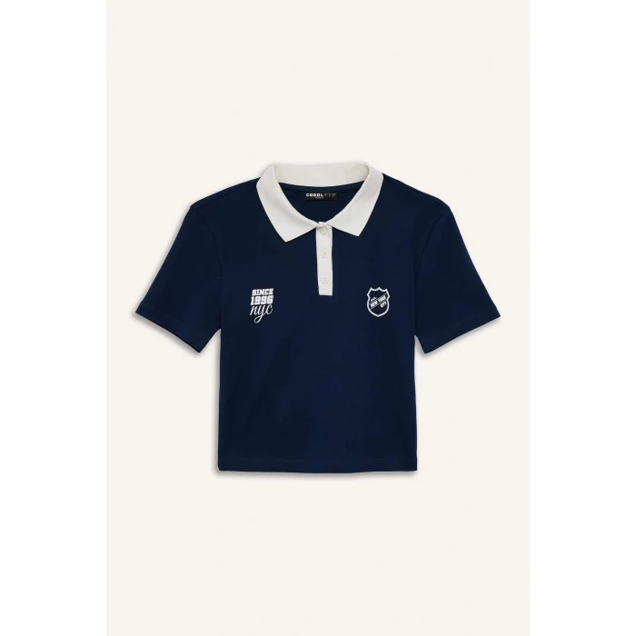 Defacto E7838 Lacivert Coool Fitted Polo Yaka Baskılı Ribana Kısa Kollu Tişört