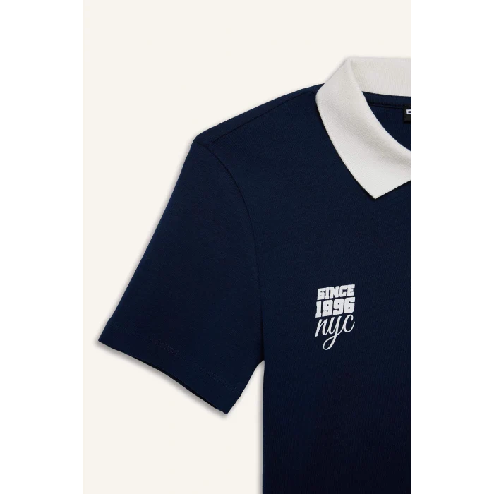 Defacto E7838 Lacivert Coool Fitted Polo Yaka Baskılı Ribana Kısa Kollu Tişört