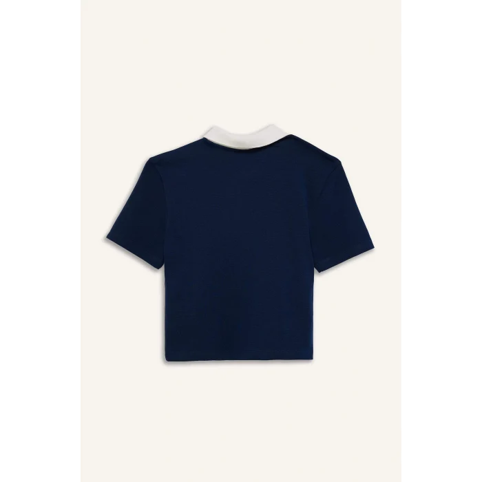 Defacto E7838 Lacivert Coool Fitted Polo Yaka Baskılı Ribana Kısa Kollu Tişört