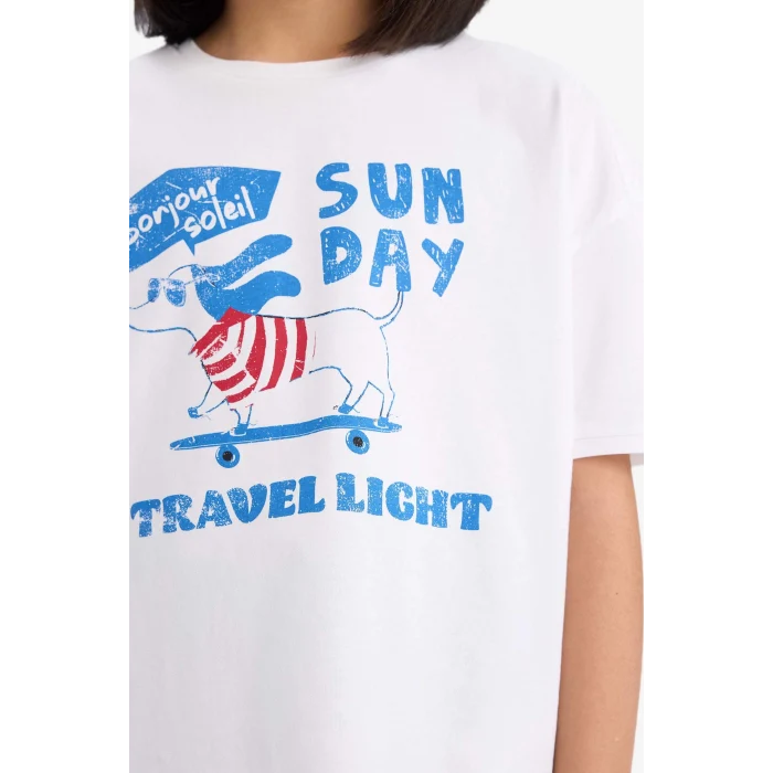 Defacto E7316 Ekru Kız Çocuk Pamuklu 2li Takım Baskılı Kısa Kollu Tişört Biker Tayt