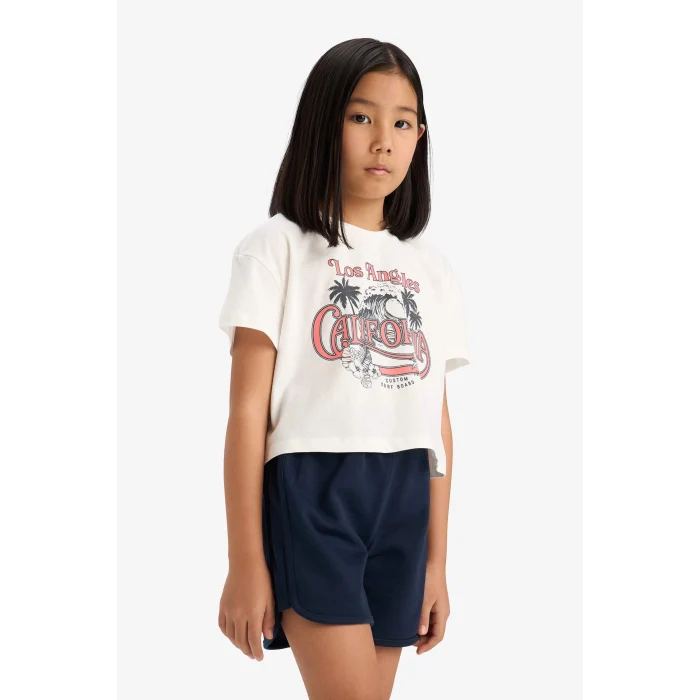 Defacto E7318 Ekru Kız Çocuk Pamuklu 2li Takım Baskılı Kısa Kollu Tişört Beli Lastikli Şort