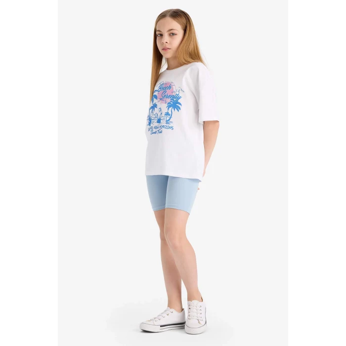 Defacto E5694 Mavi Kız Çocuk 2li Takım Baskılı Kısa Kollu Tişört Biker Tayt