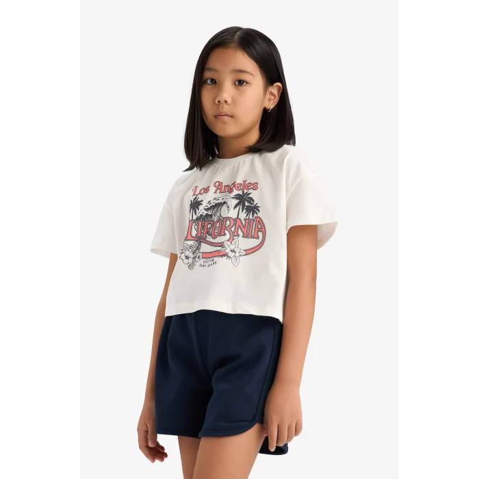 Defacto E7318 Ekru Kız Çocuk Pamuklu 2li Takım Baskılı Kısa Kollu Tişört Beli Lastikli Şort