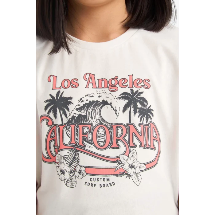 Defacto E7318 Ekru Kız Çocuk Pamuklu 2li Takım Baskılı Kısa Kollu Tişört Beli Lastikli Şort