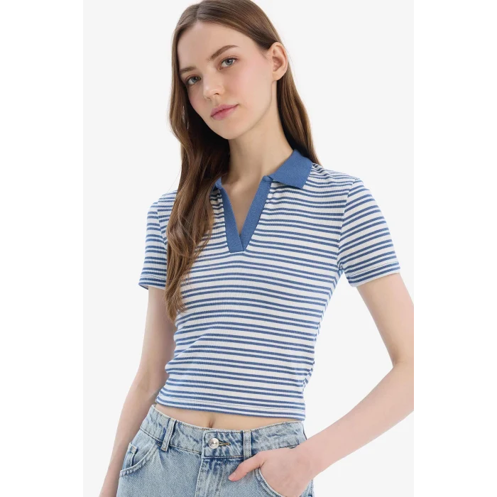 Defacto E7907 İndigo Fitted Polo Yaka Çizgili Fitilli Kaşkorse Kısa Kollu Tişört