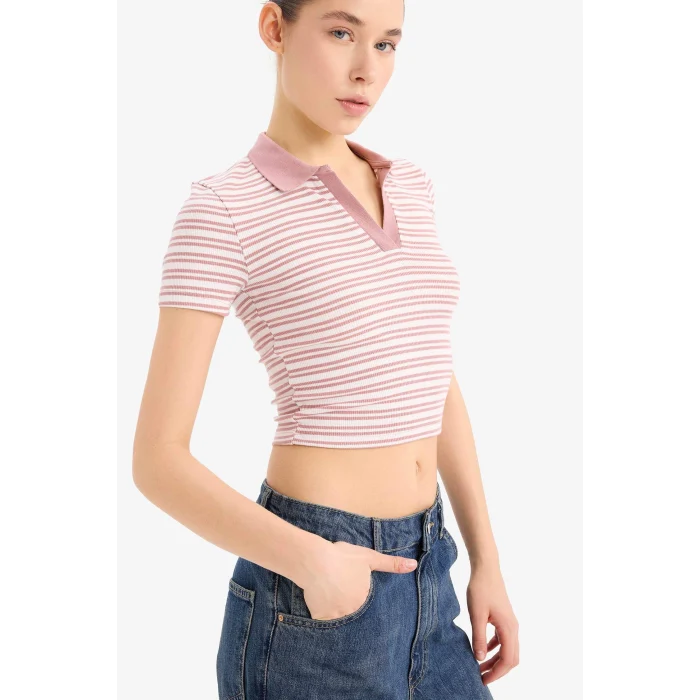 Defacto E7907 Bordo Fitted Polo Yaka Çizgili Fitilli Kaşkorse Kısa Kollu Tişört