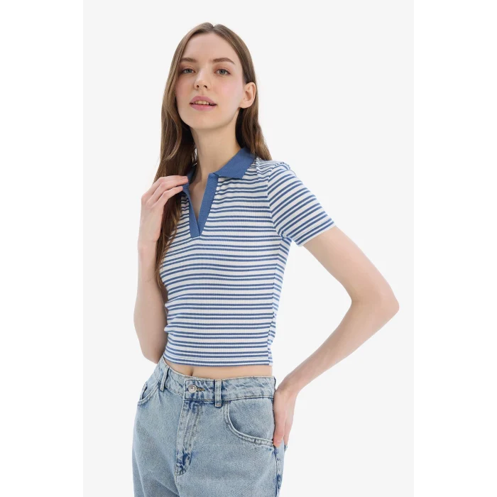 Defacto E7907 İndigo Fitted Polo Yaka Çizgili Fitilli Kaşkorse Kısa Kollu Tişört