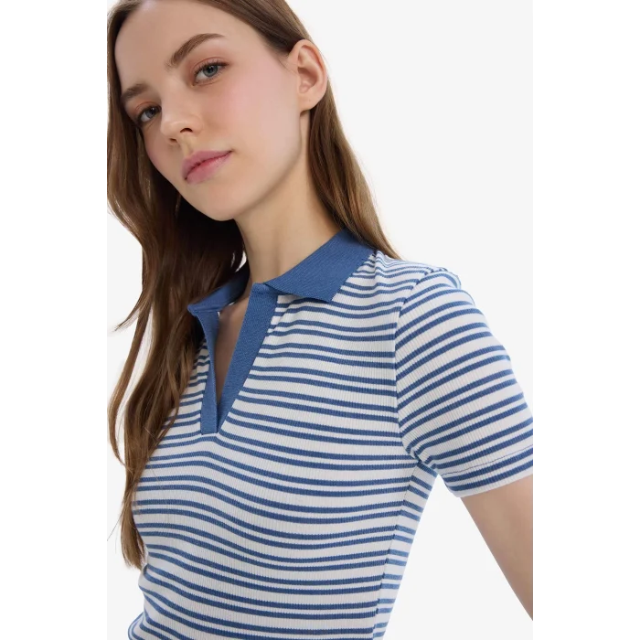 Defacto E7907 İndigo Fitted Polo Yaka Çizgili Fitilli Kaşkorse Kısa Kollu Tişört