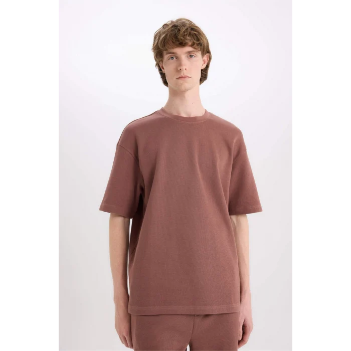 Defacto E0493 Kahve %100 Pamuk Boxy Fit Bisiklet Yaka Kısa Kollu Tişört